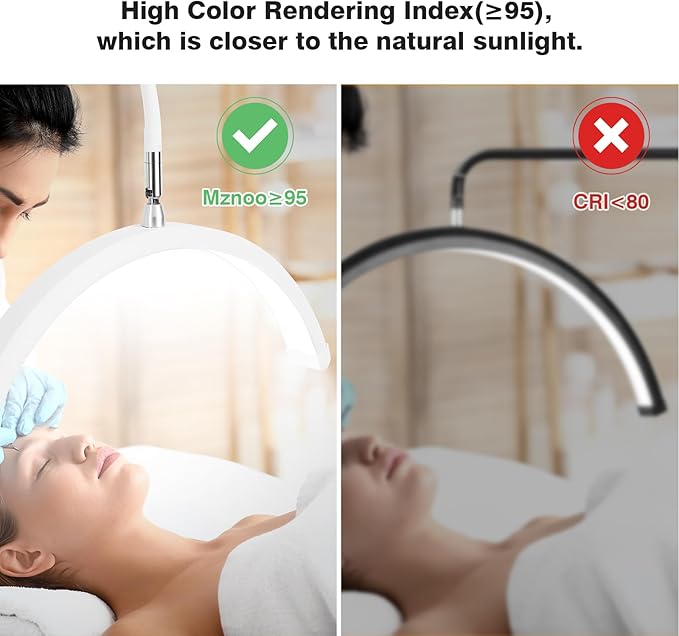 Lash Light for Eyelash Tech with Wheels, Half Moon Light for Lashes, Nails and Estheticians, LED Floor Lamp Adjustable Brightness and Color Modes (White)