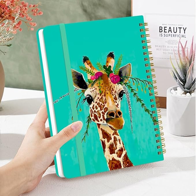 Spiral Notebook - A5 Spiral Notebooks, 8.3'' × 5.8'', 160 Pages, Aesthetic Journaling Notebooks for Women, College Lined Notebook with Elastic Closure, Back Pocket, for School Office, Giraffe