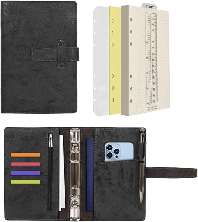 Wonderpool Leather Journal Refillable Binder A5 Writing Notebook Folder Organiser with Dotted Paper & Multi Pockets Cover for Business School Travel (A6, Black)