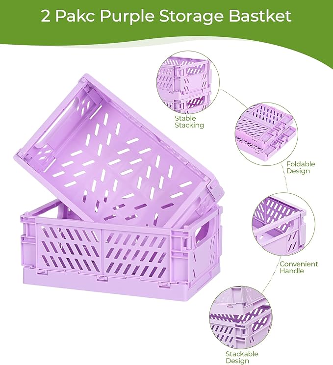 2-Pack Small Pastel Plastic Storage Baskets, Collapsible Crates for Organizing, Space-Saving Mini Bins for Classroom, Kitchen, Office, Bedroom (Purple, 9.8" x 6.5" x 3.8")