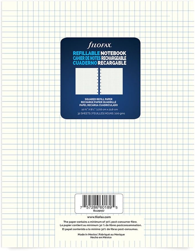 Filofax Notebook Squared Paper Refill, 10.875 x 8.5 inches, 32 Sheets (B112905U)