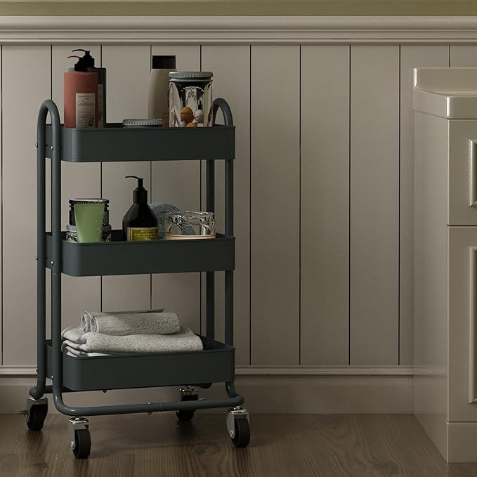 3-Tier Rolling Metal Storage Organizer,Mobile Utility Cart,Kitchen Storage Carts with Caster Wheels,Rolling Utility Cart Suitable for Office,Home,Kitchen,Garden（13.4"x18.1"x31"） Dark Grey