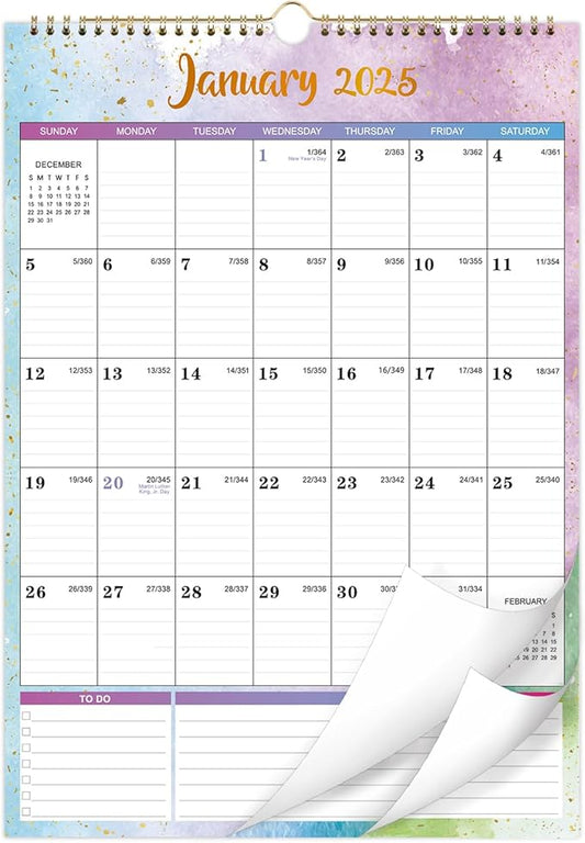2025 Wall Calendar - Wall Calendar 2025, 12" x 17", Jan.2025 - Dec.2025, 2025 Calendar with 12 Months, Twin-Wire Binding + Hanging Hook + Large Ruled Blocks with Julian Dates