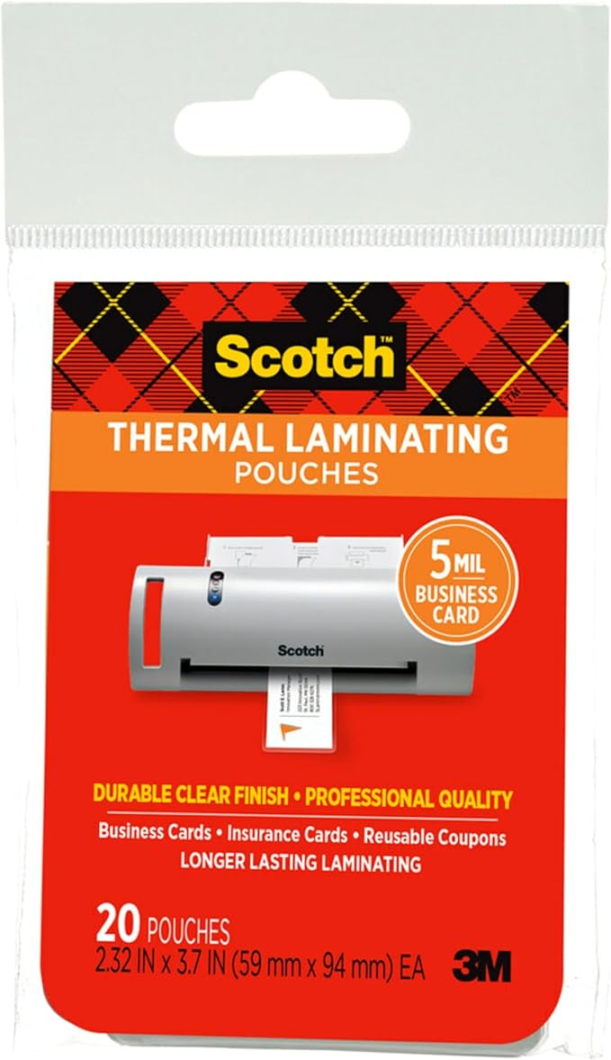 Scotch Thermal Laminating Pouches Premium Quality, 5 Mil Thick for Extra Protection, 20 Pack Business Card Size Laminating Sheets, Our Most Durable Lamination Pouch, 2.3 x 3.7 inches (TP5851-20)