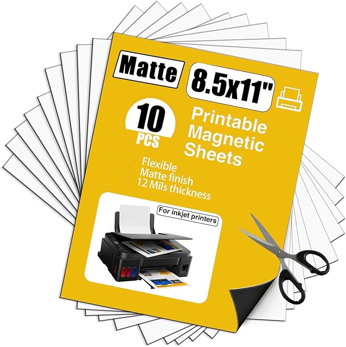 Printable Magnet Sheets Non Adhesive,8.5 X11 Inches for Inkjet Printers,10 Sheets Matte Cuttable Magnetic Paper,12mil Thickness DIY Flexible Magnet Photos