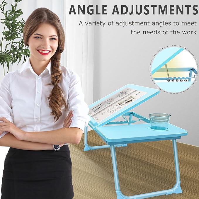 Laptop Desk for Bed Couch, Portable Lap Desk for Laptop, Foldable Bed Table Tray, Kids Lap Desks with Cup Holder, Laptop Stand for Bed, Bed Desk for Laptop and Writing (Blue)