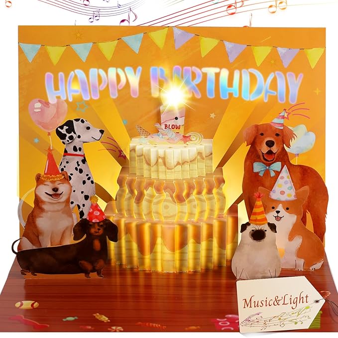 Musical Birthday Cards, Funny Dog Blowable Candle Pop Up Greeting Cards With Colourful Lights, Birthday Gifts for Kids Men Women Mom Dog Lover and Dad