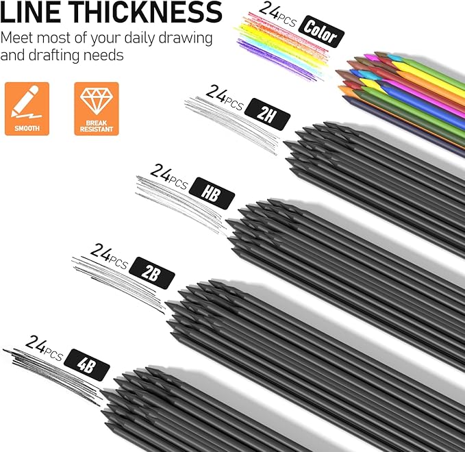 Four Candies 3PCS 2MM Mechanical Pencils with case, Artist Lead Pencil Metal Lead Holder with 120 Graphite Lead Refills(HB 2H 2B 4B Color), 4 Erasers, Sharpener, Drafting Pencil for Drawing, Sketching