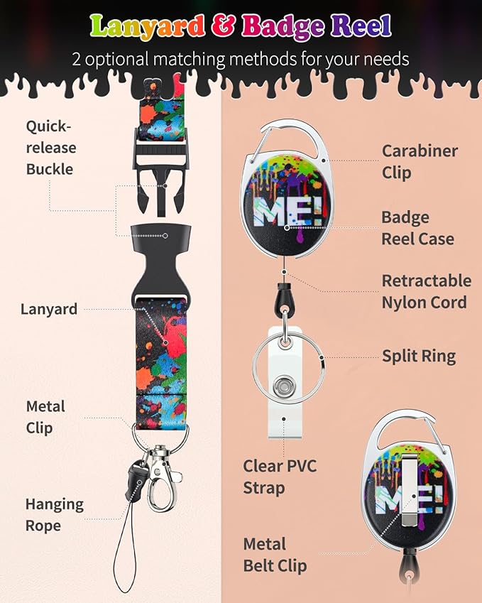 Uniclife Fashionable Sliding Badge Holder Paint Splash Plastic Case with Retractable Badge Reel Carabiner Clip & Detachable Lanyard Strap Vertical Card Protector for Worker Nurse Teacher Student