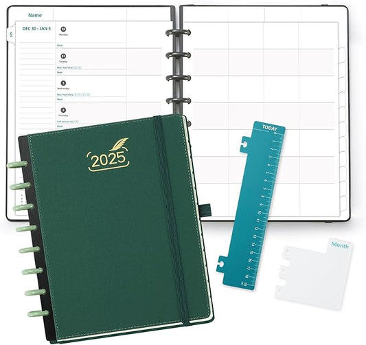 BEZEND Life Planner 2025 Weekly & Monthly Family Organizer with 6 Columns 7" x 9" - Agenda 2025 Family Calendar with Tabs, Pocket & Tear-off Shopping List, Disc Bound Flexible Cover - Evergreen
