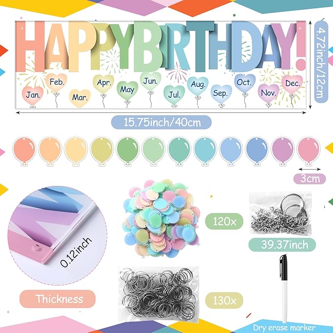 Eersida Birthday Calendar Wall Hanging Family Birthday Plaque with Tags Acrylic Birthday Reminder Calendar Board Classroom Birthday Reminder 120 Tags Christmas Party Gifts Home Decor(Pastel Color)
