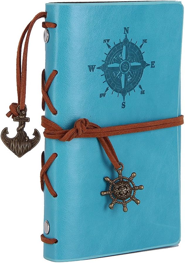 Leather Writing Journal Notebook, EvZ 5 Inches Vintage Nautical Spiral Blank String Diary Notepad Sketchbook Travel to Write in, Unlined Paper, Retro Pendants, Classic Embossed, Sky Blue