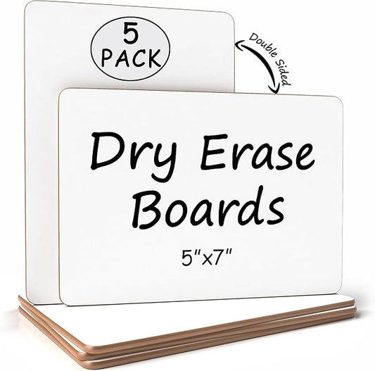 Scribbledo Set of 5 Small White Board Dry Erase Boards Classroom Pack Mini White Boards 5" x7” Double Sided Personal Whiteboards for Students Teachers School Supplies Lapboards