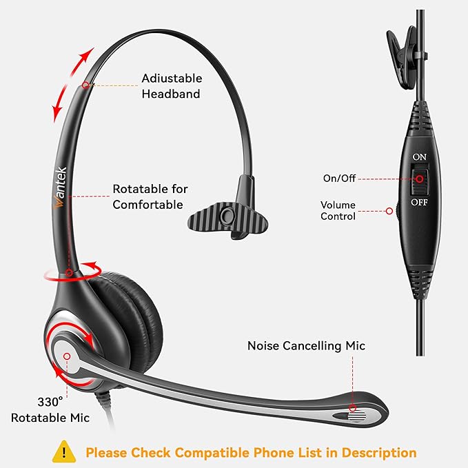 Wantek Corded Telephone Headset Mono w/Noise Canceling Mic + Quick Disconnect