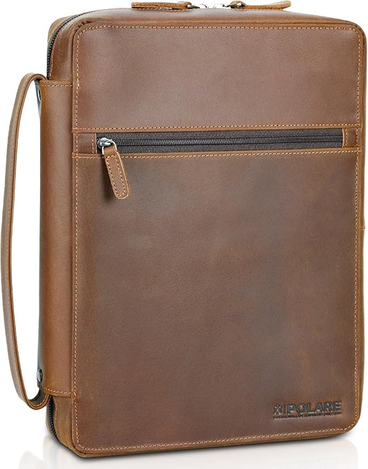Polare Full Grain Leather Bible Cover Church Bag Bible Protective Book Holder Carrying Case Folder Organizer Portfolio for Men and Women (Light Brown)