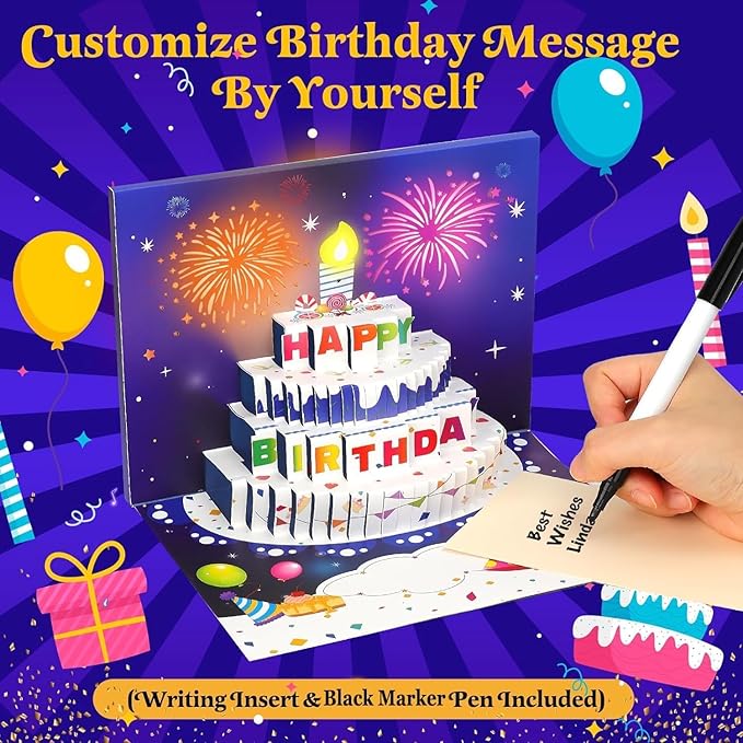 3D Pop-Up Birthday Card with LED Lights & Blowable Candle – Interactive Music Greeting Card for Women, Men, Kids Blue