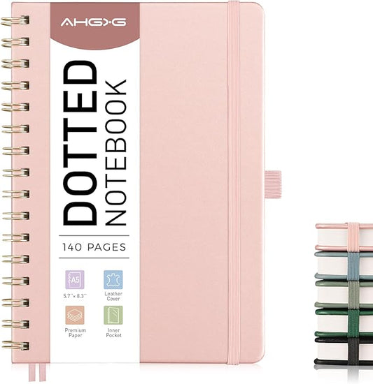 AHGXG Bullet Dotted Journal Spiral Notebook 8.5" x 11", Large A4 Leather Hardcover Dotted Notebook, 100 GSM Thick Dot Grid Paper, Inner Pocket, for Bullet Journaling, Rose Gold