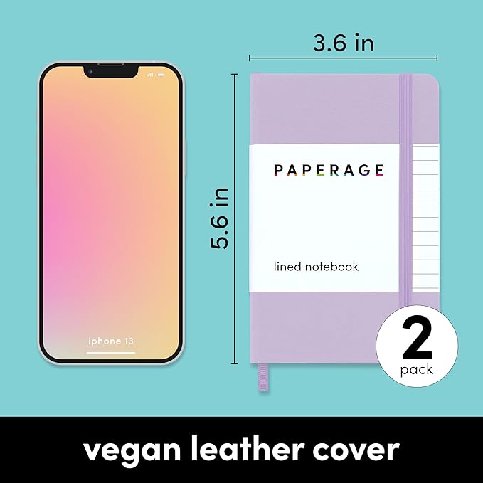 PAPERAGE Lined Pocket Journal Notebook, 2 Pack, (Lavender), 160 Pages, Small Notebook, 3.6 inches x 5.6 inches - 100 GSM Thick Paper, Hardcover