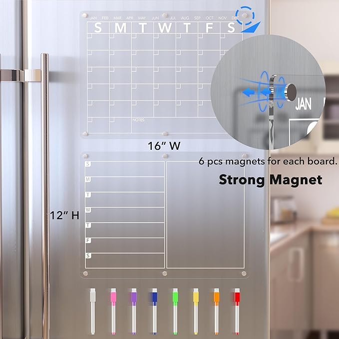 Acrylic Magnetic Dry Erase Board Calendar for Fridge, Clear Monthly and Weekly Meal Planner Whiteboard Refrigerator, Menu Board for Kitchen, w/ 8 Colors Markers, 15"x11"