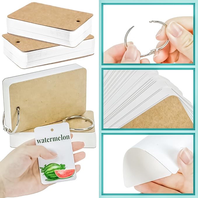MotBach 300 Sheets White Blank Flash Cards with Binder Rings,3.5 x 2.2 Inch Index Cards, Small Note Cards Study Cards Learning Cards Kraft Paper Cards, Easy Flip Mini Index Note Flashcards (6 Pack)