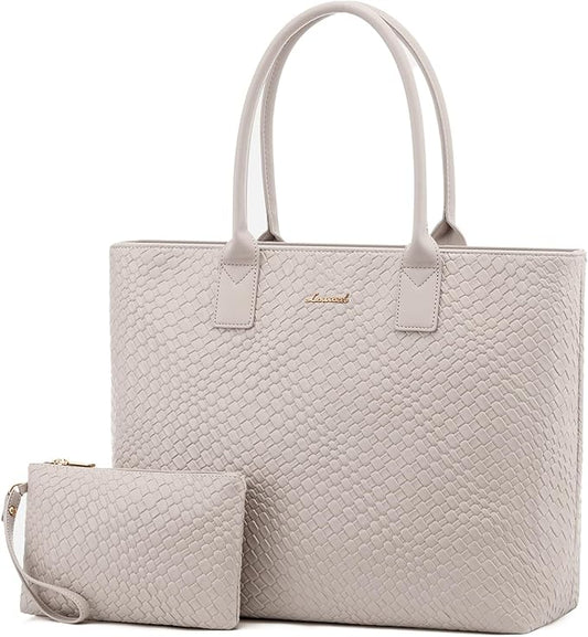 LOVEVOOK Laptop Purses and Handbags for Women, 15.6 Inch Computer Bag Work Tote Briefcase Satchel Handbags for Women with Small Clutch, Beige