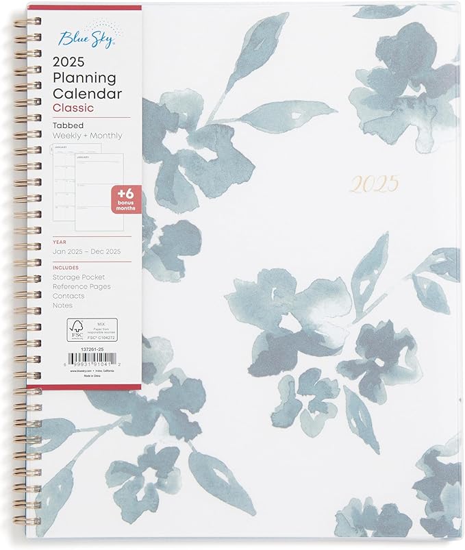 Blue Sky 2025 Weekly and Monthly Planner Calendar, January 2025 - December 2025, 8.5" x 11", Flexible Frosted Cover, Laminated Tabs, Wirebound, Storage Pocket, Bakah Blue