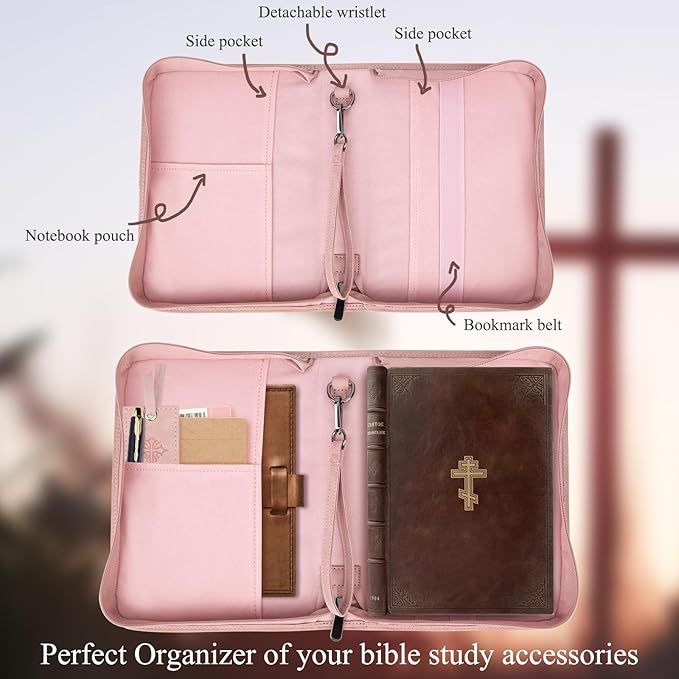 Bible Covers for Women, Leather Bible Study Case with Bookmark for Girls, Bible Supplies Carrying Bag Tote with Strap,Personalized Book Organizer Bag for Journaling Bible-Pink