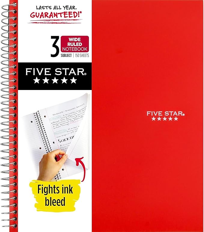 Five Star Spiral Notebook, 3-Subject, Wide Ruled Paper, 10-1/2" x 8", 150 Sheets, Color Will Vary (05204)