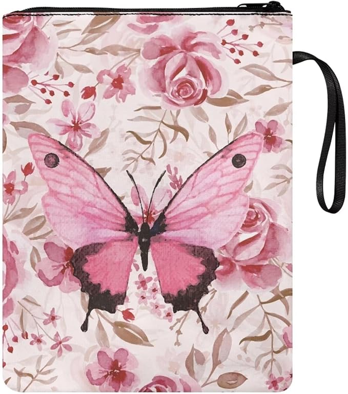 COEQINE Pink Butterfly Book Sleeve for Paperbacks Aesthetic Book Cover Portable Chain Front Pocket Keep Book Clean Washable