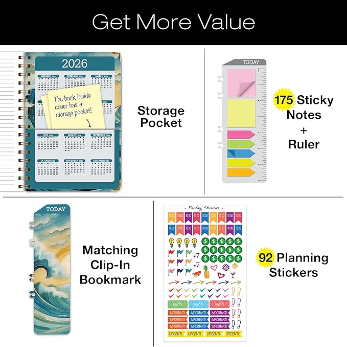 HARDCOVER 2025 Planner, 5.5"x8": 14 Months (November 2024 - December 2025), Daily Weekly Monthly Planner, Yearly Agenda, Bookmark, Pocket Folder and Sticky Note Set (Ocean Waves)