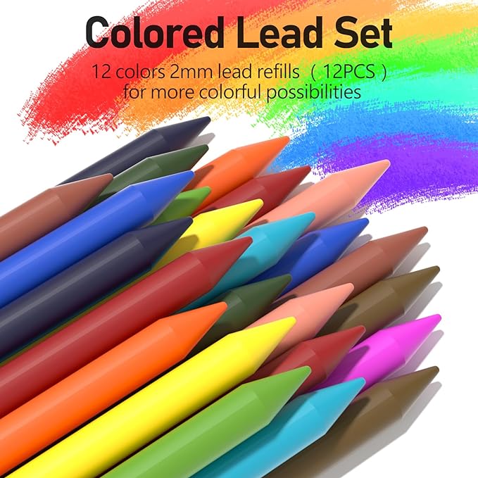 Four Candies 2MM Mechanical Pencil Set with case, Artist Lead Pencil Metal Lead Holder with 60PCS Graphite Lead Refill (HB, 2H, 2B, 4B, Color) kneaded eraser, Sharpener for Writing, Drawing, Sketching