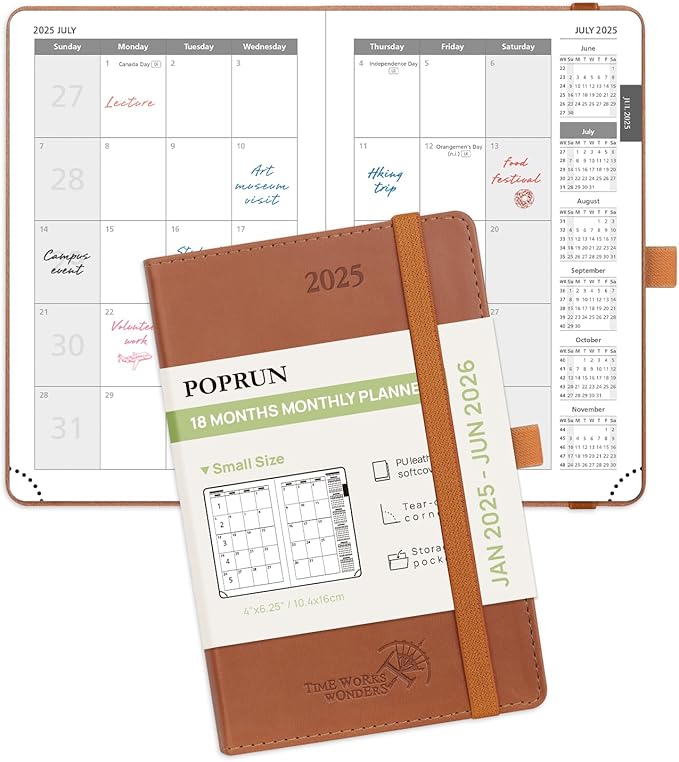 POPRUN Pocket Monthly Planner 2025-2026 (Pocket- 4''x 6.25''Soft Leather Cover) - 18 Month Calendar Book for Purse (January 2025-June 2026), 100 GSM Thick Paper - Brown