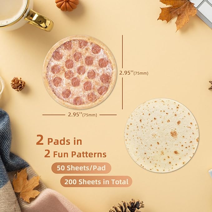 Funny Sticky Notes Cute 2 Pads, Fun Sticky Note Pads Burrito & Pizza Design, Cute Sticky Notes Office Desk Gifts, Self-Stick Note Pads, Set of 2, Round