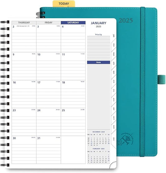 POPRUN 2025 Monthly Calendar Spiral Bound with Monthly Tabs 8.5" x 11", Large Writing Space Monthly Planner with PU Leather Soft Cover, Dual Pockets, Sunday Start - Pacific Green