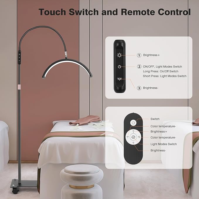 Lash Light for Eyelash Tech with Wheels, Half Moon Light for Lashes, Nails and Estheticians, LED Floor Lamp Adjustable Brightness and Color Modes (Black)