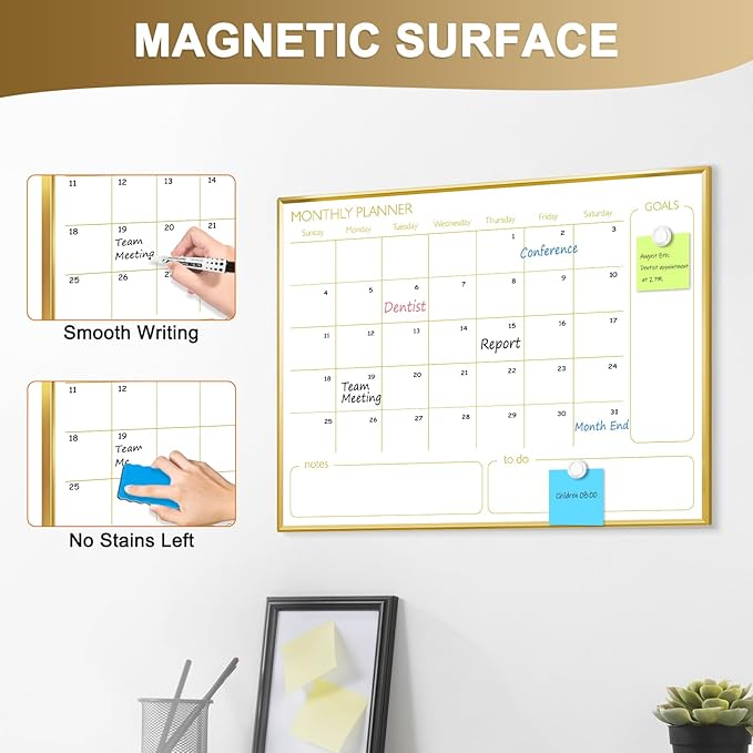 Magnetic Dry Erase Calendar Board for Wall - 24'' x 18'' Monthly Calendar Whiteboard - Gold Aluminum Frame