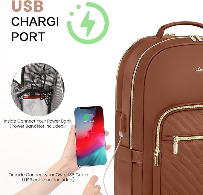 LOVEVOOK Leather Backpack for Women,15.6 inch Leather Laptop Backpack Women Computer Backpack Laptop Bag,Stylish Quilted Travel Backpack Purse Work Bag College Teacher Backpack with USB Port,Brown