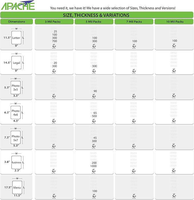 Apache Laminating Pouches 3 mil, for 8.5 x 11 inch Letter Size Paper 9 x 11.5 inch Sheets, 100 Pack