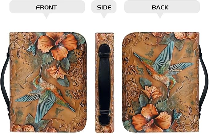 Lotusorchid Large Faux Leather Bible Cover, Hummingbird Bible Cover Case for Women with Handle Pocket, Hibiscus Bible Book Carrying Bags Bible Tote Bag, Bible Study Accessories, Orange, XL