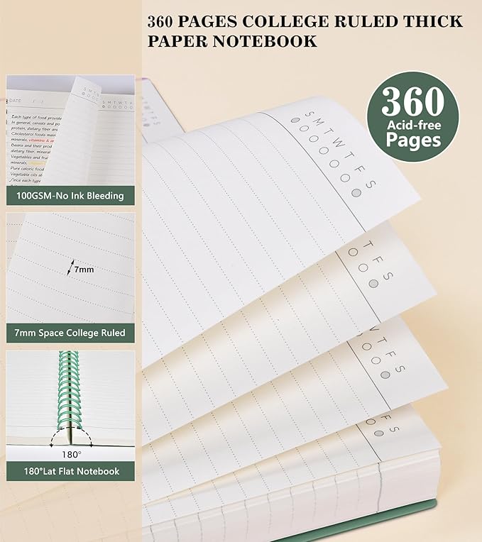 Spiral Notebook Journal College Ruled 8.5''x 11'', 360 Pages Lined Thick Journals for Women Men, A4 Large Spiral Notebooks with 100GSM Paper, Spiral Journaling for Writing Work, School Green