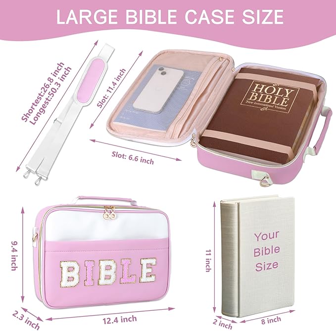 WOBANGEM Bible Cover Case for Women,Large Leather Bible Cases Christian Gifts for Women Men Girls,Preppy Chenille Letter Bible Bag with Shoulder Strap,Purple Bible Purse Bible Carrying Case for Women