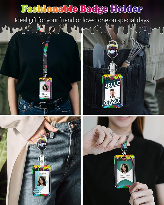 Uniclife Fashionable Sliding Badge Holder Paint Splash Plastic Case with Retractable Badge Reel Carabiner Clip & Detachable Lanyard Strap Vertical Card Protector for Worker Nurse Teacher Student