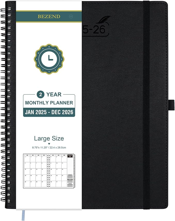 BEZEND Monthly Planner 2025-2026, Large size, 2 Year Monthly Calendar 8.5" x 11" - 120 GSM Thick Paper - Spiral Planner with Pockets, Tabs, Calendar with Note Sections, Pen Loop, Softcover - Black