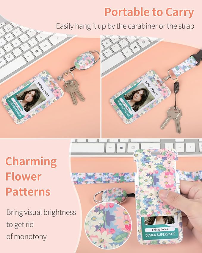 Uniclife Floral Sliding Badge Holder Wild Flower Plastic Case with Retractable Badge Reel Carabiner Clip & Detachable Lanyard Strap Fashionable Vertical Card Protector for Women Teacher Student