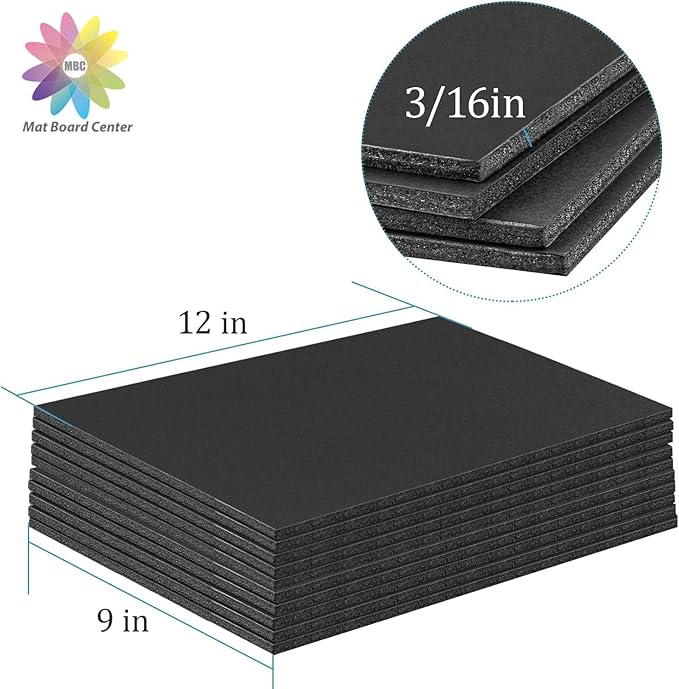 Mat Board Center, Pack of 10 Acid-Free Foam Boards, 9x12 inch Black Foam Boards, 3/16" Thick