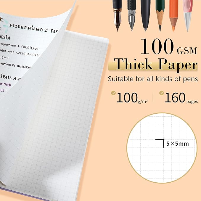 Yoment Graph Paper Spiral Notebook A5 Graphing Notebook 160 Pages Graph Paper Notebook Spiral Bound Waterproof Plastic Hardcover Spiral Journal 5x7 Grid Notebooks for Note Taking,Purple