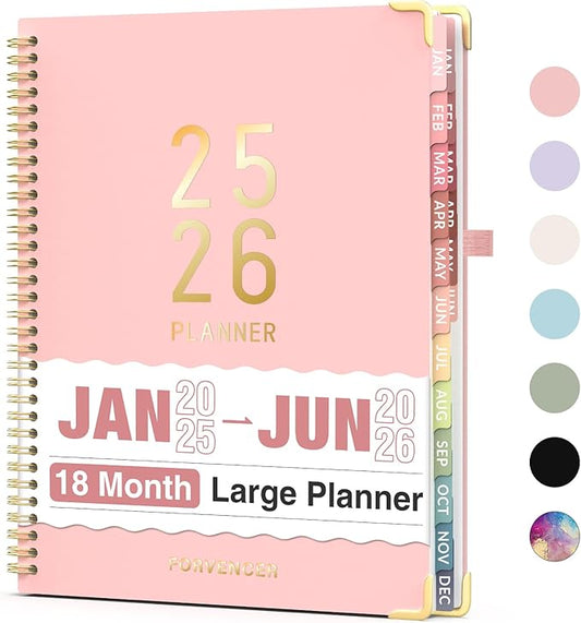 Forvencer Daily Planner 2025-2026, 18 Month Academic Planner, 8.5" x 11", Weekly and Monthly Planner, Jan 2025 - Jun 2026, Hardcover Day Planner, Spiral Agenda Book with Colorful Tabs, Office Home School Supplies, A4, Pink