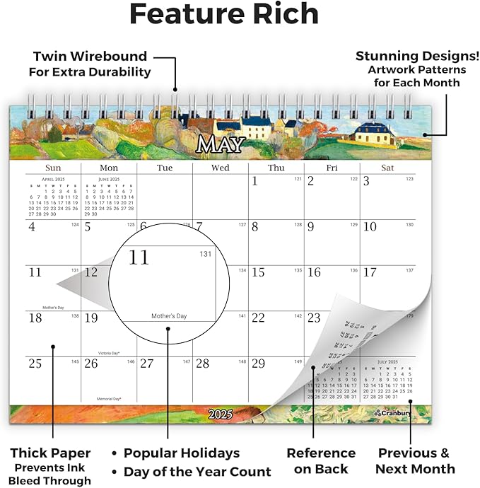 CRANBURY Small Desk Calendar 2025, 8x6" (Artwork), Standing Desktop Calendar with Gorgeous Monthly Designs, Perfect Size Stand Up Calendar, Stickers