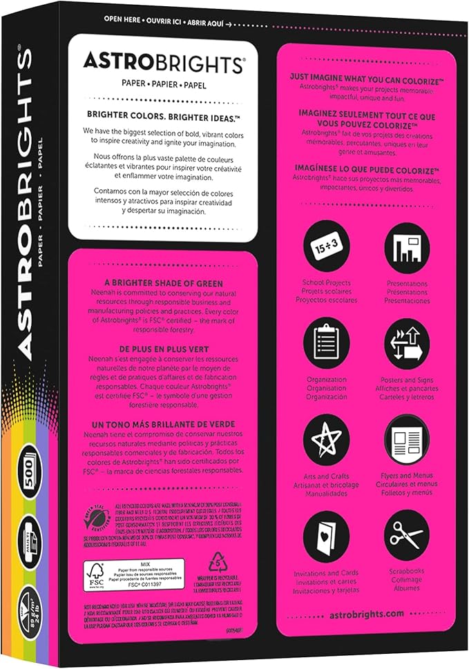 Neenah Astrobrights(R) Bright Color Paper, 8 1/2in. x 11in., 24 Lb, Assorted Colors, Ream Of 500 Sheets, 21289