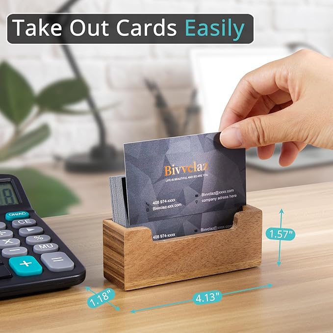 2 Pack Business Card Holder Desk, Acacia Wood Business Card Organizer Desktop Business Card Display Stand for Office Tabletop Exhibition, Small Business Essentials